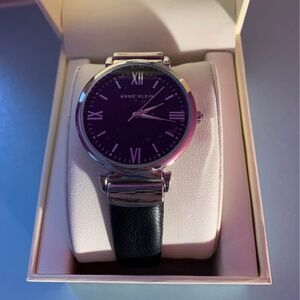 Anne Klein Women's Silver Black Faux Leather Strap Watch Mineral Crystal Lens